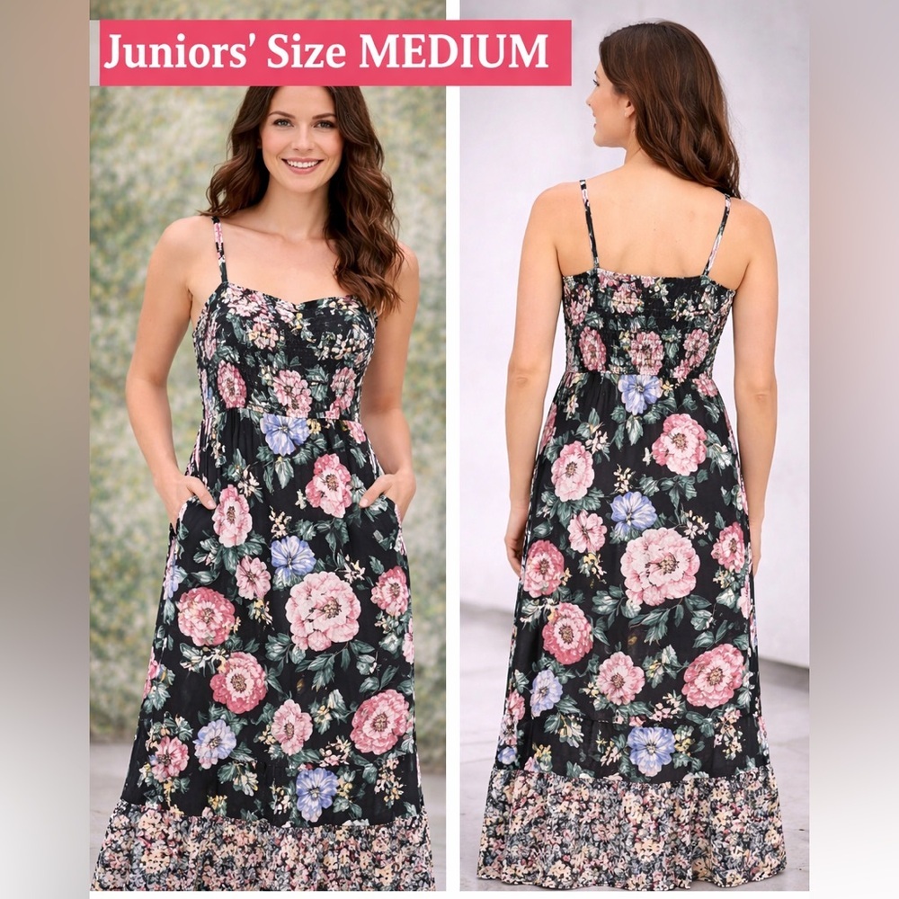 By by Black Floral Maxi Sundress with Spaghetti Straps juniors MEDIUM